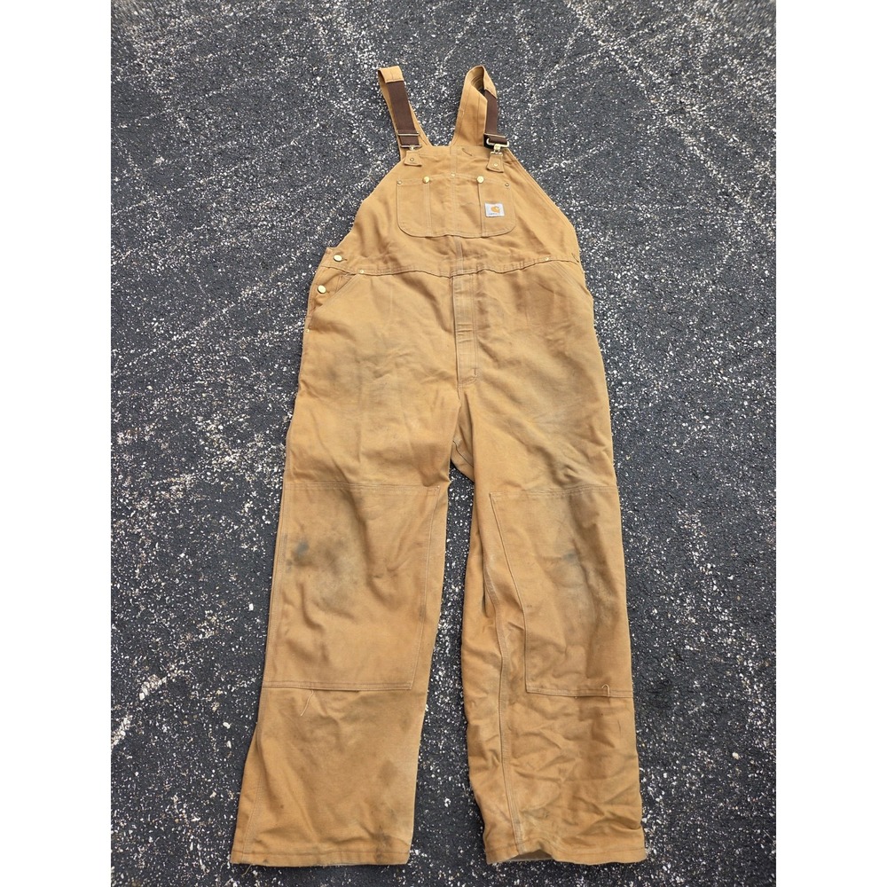 Carhartt R01 BRN Brown Duck Bib Overalls Double Knee Unlined 46x30 Faded Stains - Picture 1 of 6